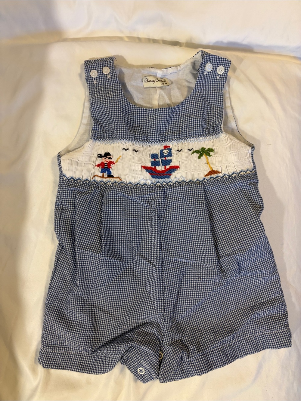 Blue Gingham Smocked Pirate Romper for Kids by
